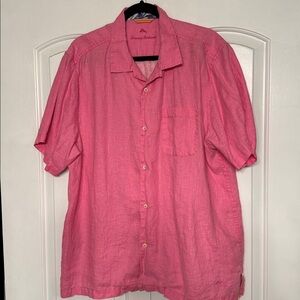 Tommy Bahama Mens Shirt Large 100% Linen Pink Short Sleeve Button Front Logo